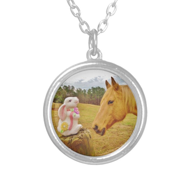White Rabbit and Yellow Horse Silver Plated Necklace (Front)