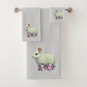 White Rabbit & Apple Flowers on Light Gray Bath Towel Set