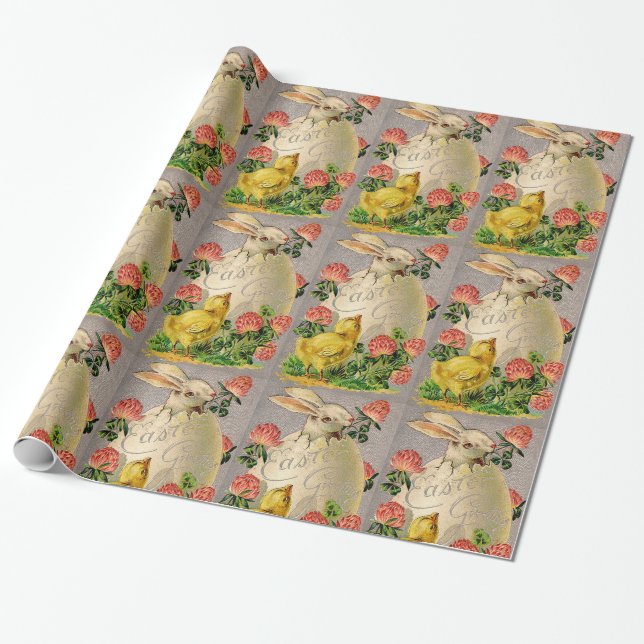 WHITE RABBIT,CHICKEN,PINK FLOWERS AND EASTER EGG WRAPPING PAPER (Unrolled)