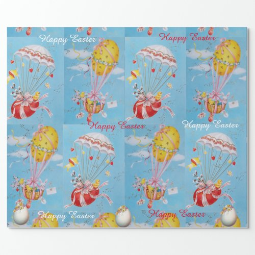 WHITE RABBITCHICKENSBALLOONS WITH EASTER EGGS WRAPPING PAPER