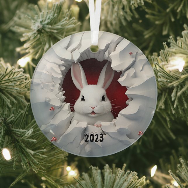 White Rabbit Christmas Glass Ornament (Insitu)