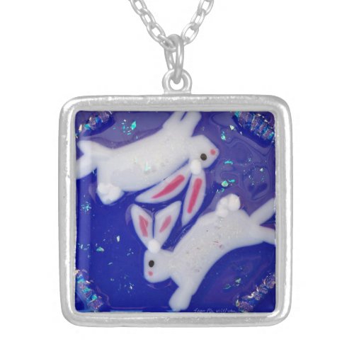 White Rabbit Design on Blue Fused Art Glass Silver Plated Necklace