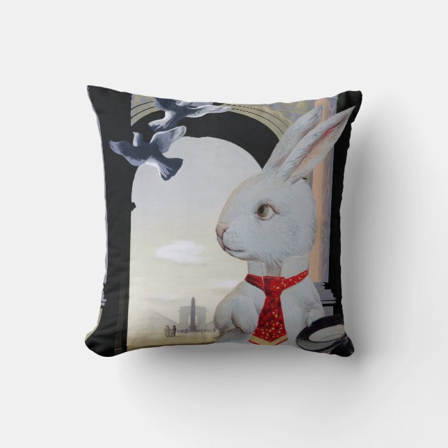 White Rabbit Goes to Paris - Anthropomorphic Art Throw Pillow (Front)