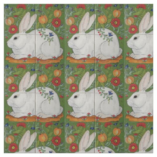 White Rabbit Green Floral Spring Easter Fabric Art