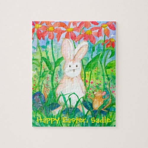White Rabbit Happy Easter Custom Name Jigsaw Puzzle