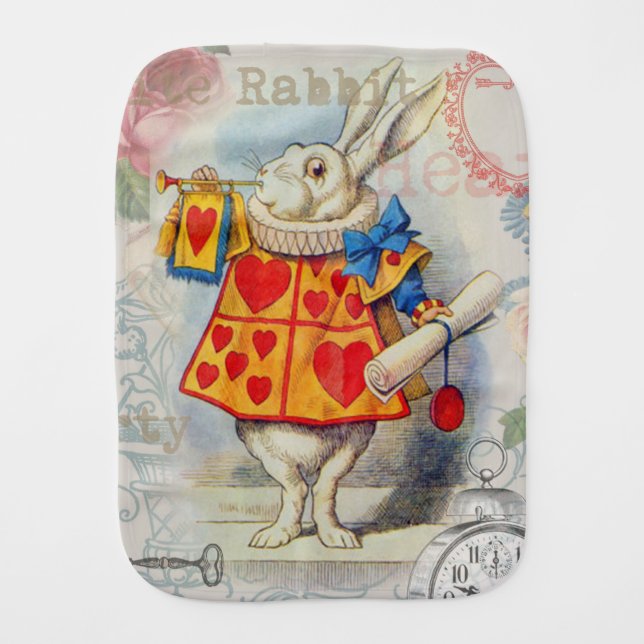 White Rabbit Hearts Alice Classic Baby Burp Cloth (Front)
