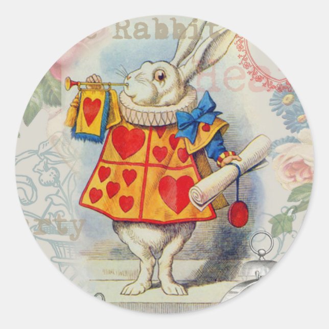 White Rabbit Hearts Alice Classic Round Sticker (Front)
