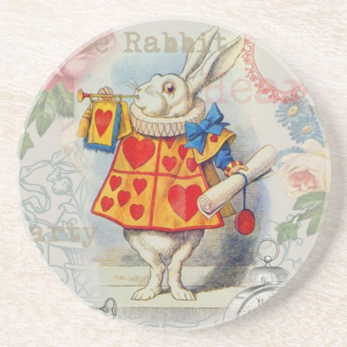 White Rabbit Hearts Alice Classic Sandstone Coaster