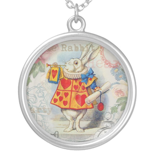 White Rabbit Hearts Alice Classic Silver Plated Necklace (Front)