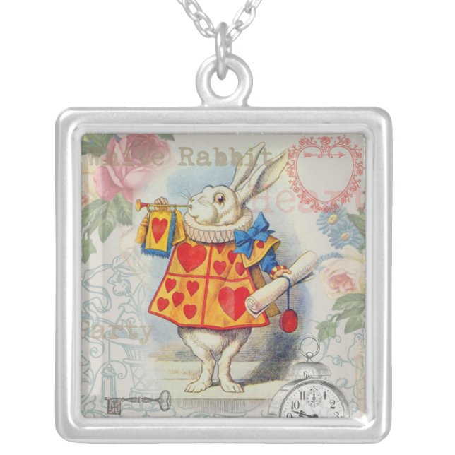 White Rabbit Hearts Alice Classic Silver Plated Necklace (Front)