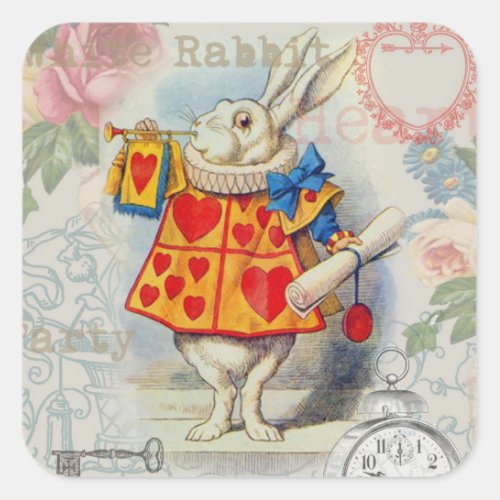 White Rabbit Hearts Alice Classic Square Sticker