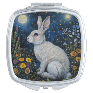 White Rabbit in Moonlit Forest with Flowers Compact Mirror