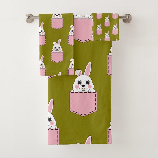 White Rabbit in Pink Pocket Pattern Bath Towel Set (Insitu)