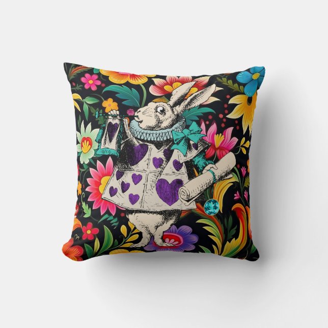 White Rabbit in Purple on Colorful Floral Throw Pillow (Front)