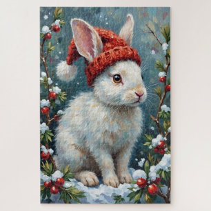 White Rabbit in Quiet Winter Berries Hat Jigsaw Puzzle