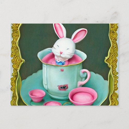 White Rabbit in Tea Cup Postcard