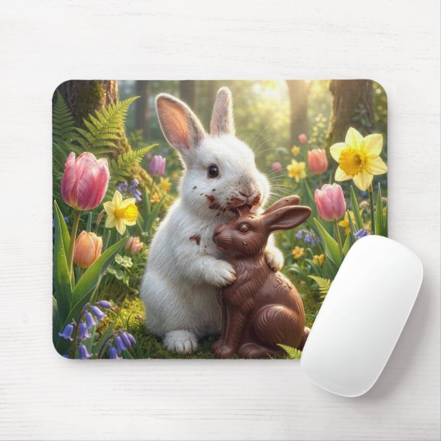 White Rabbit Licking a Chocolate Easter Bunny Mouse Pad (With Mouse)