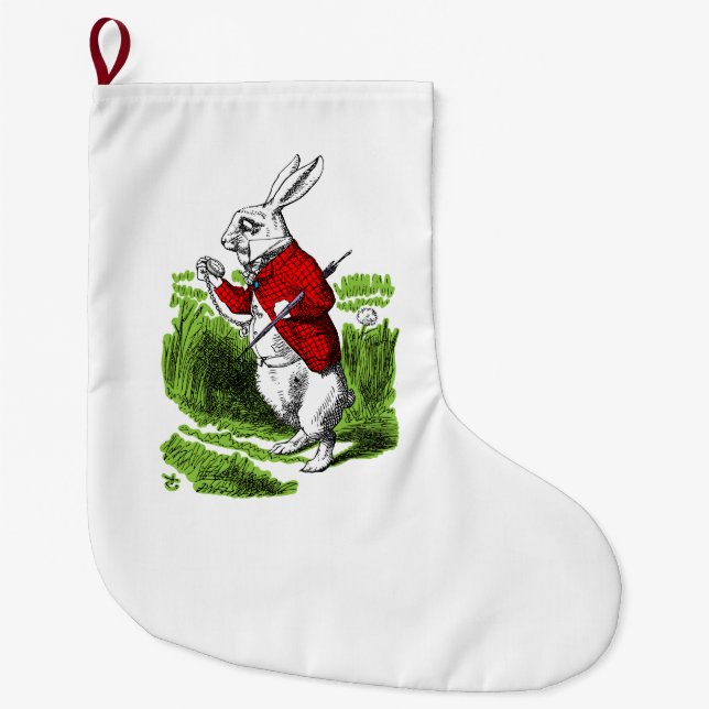 White Rabbit looking at watch. Illustration Large Christmas Stocking (Front)