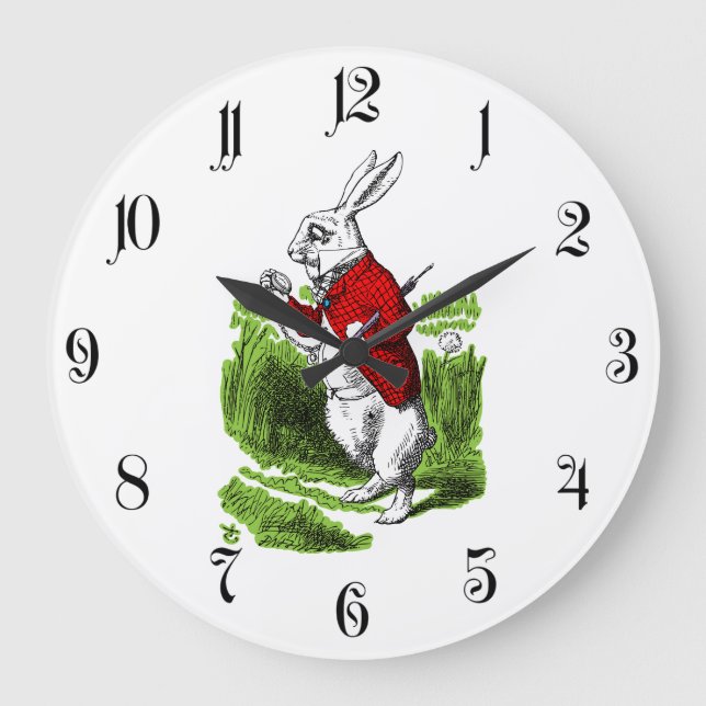 White Rabbit looking at watch. Illustration Large Clock (Front)