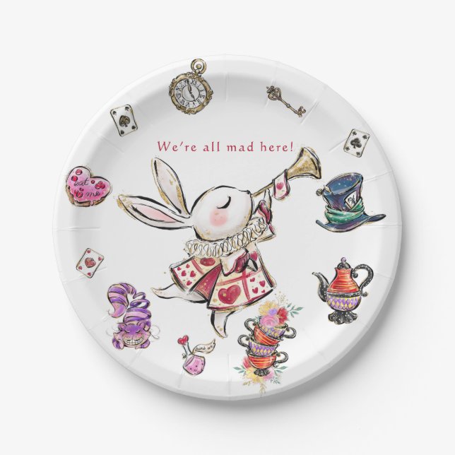 White Rabbit Mad Hatter Tea Party Birthday  Paper Plates (Front)