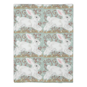 White Rabbit Mint Green Woodland Scroll Berries Duvet Cover