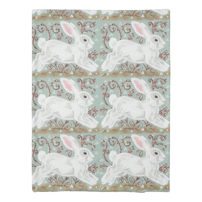 White Rabbit Mint Green Woodland Scroll Berries Duvet Cover (Back)