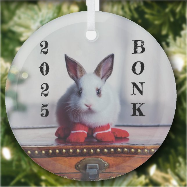 White rabbit on antique Wooden trunk Glass Ornament (Creator Uploaded)