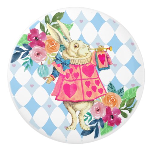 White Rabbit on Blue Diamonds Ceramic Knob