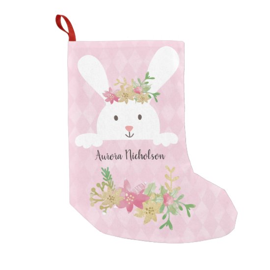 White Rabbit Pink Gold Poinsettia Floral Small Christmas Stocking