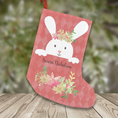 White Rabbit Pink Gold Poinsettia Floral Small Christmas Stocking