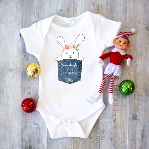 White Rabbit Poinsettia Denim Pocket 1st Christmas Baby Bodysuit