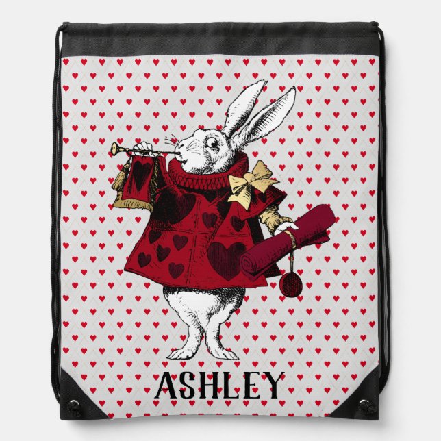 White Rabbit Queens Garb Personalized  Drawstring Bag (Front)