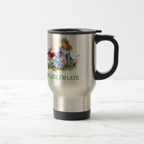 White Rabbit Rushes by Alice im Late Im Late Travel Mug