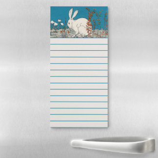 White Rabbit Sitting on Ground With Flowers Blue Magnetic Notepad