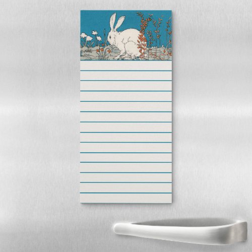 White Rabbit Sitting on Ground With Flowers Blue Magnetic Notepad