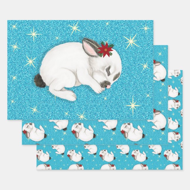 White rabbit Sleeping in Sparkling blue background Wrapping Paper Sheets (Set)