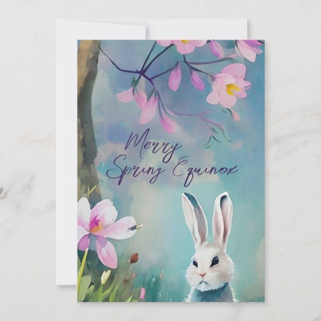 White Rabbit Spring Equinox Ostara Wildflowers Holiday Card (Front)