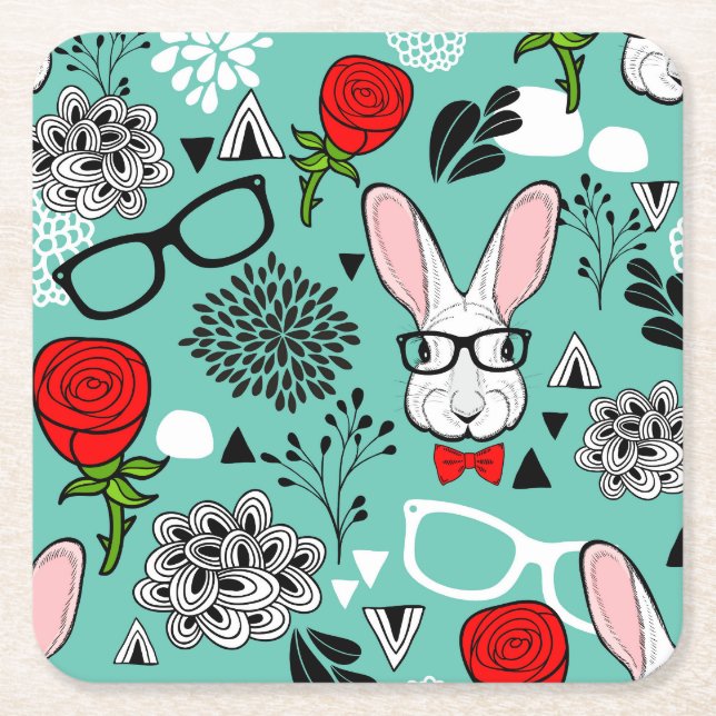 White rabbit square paper coaster (Front)