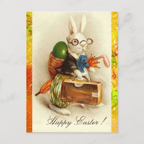 WHITE RABBIT TRAVELING WITH EASTER EGG HOLIDAY POSTCARD