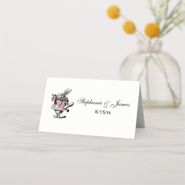 White Rabbit Trumpeter Alice Adv Wonderland Pink Place Card (Front)