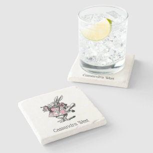White Rabbit Trumpeter Alice Adv Wonderland Pink Stone Coaster