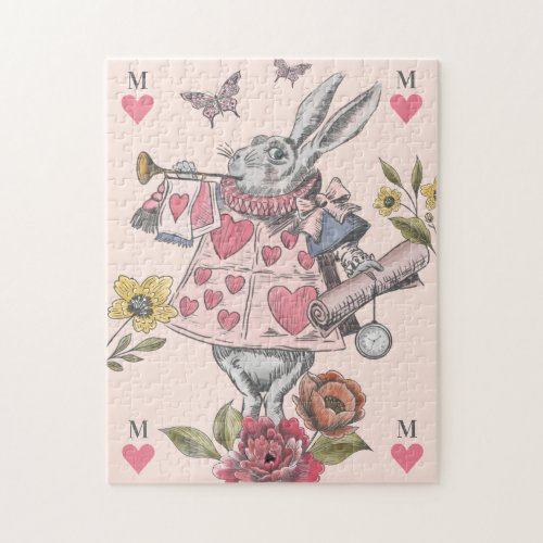 White Rabbit Vintage Alice in Wonderland Monogram Jigsaw Puzzle