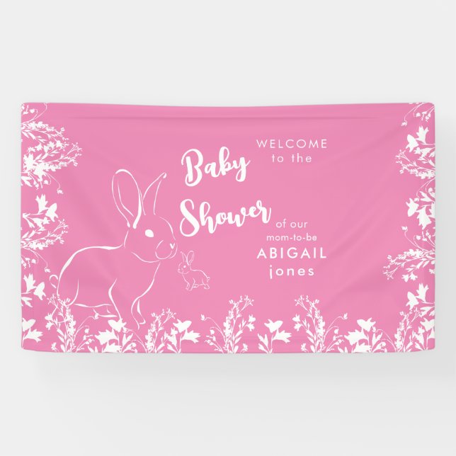 White Rabbit White Floral Pink Baby Shower Banner (Horizontal)