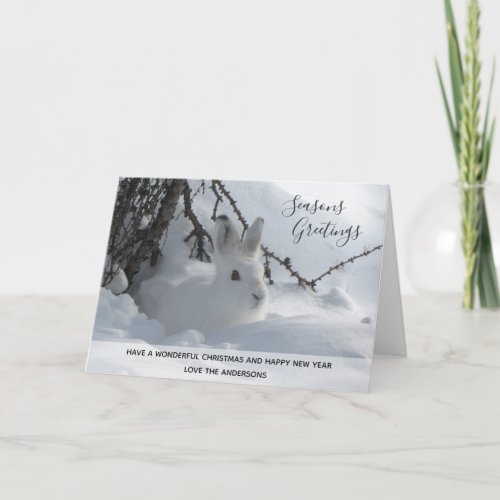White Rabbit Winter Snow Xmas Photo 2 Personalized Holiday Card