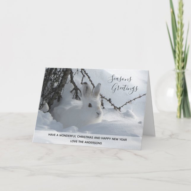 White Rabbit Winter Snow Xmas Photo 2 Personalized Holiday Card (Front)