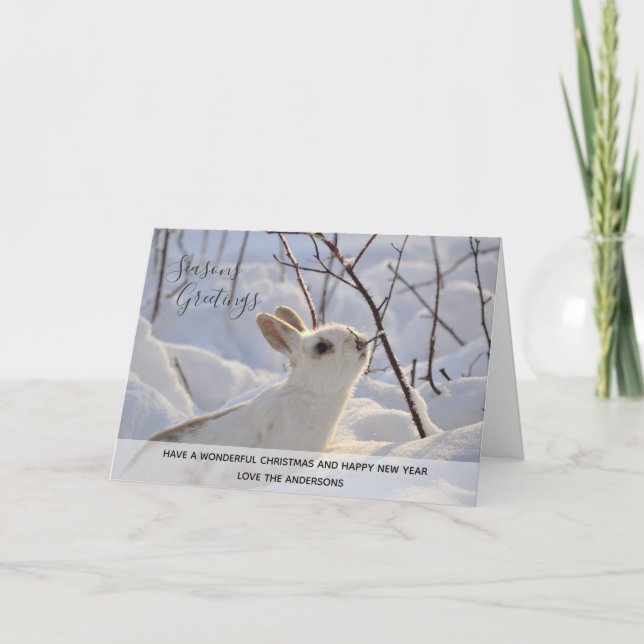 White Rabbit Winter Snow Xmas Photo Personalized Holiday Card (Front)