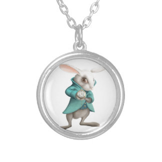 White rabbit with clock silver plated necklace