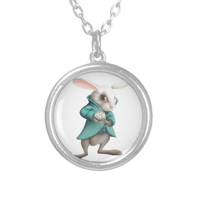 White rabbit with clock silver plated necklace (Front)
