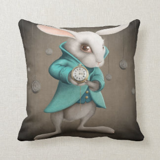 white rabbit with clock throw pillow