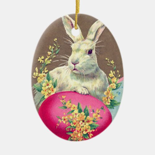 WHITE RABBIT WITH EASTER EGG AND SPRING FLOWERS CERAMIC ORNAMENT